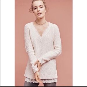 C Anthropologie Knitted & Knotted Cream Lace Bottom Hem Women’s Sweater XS